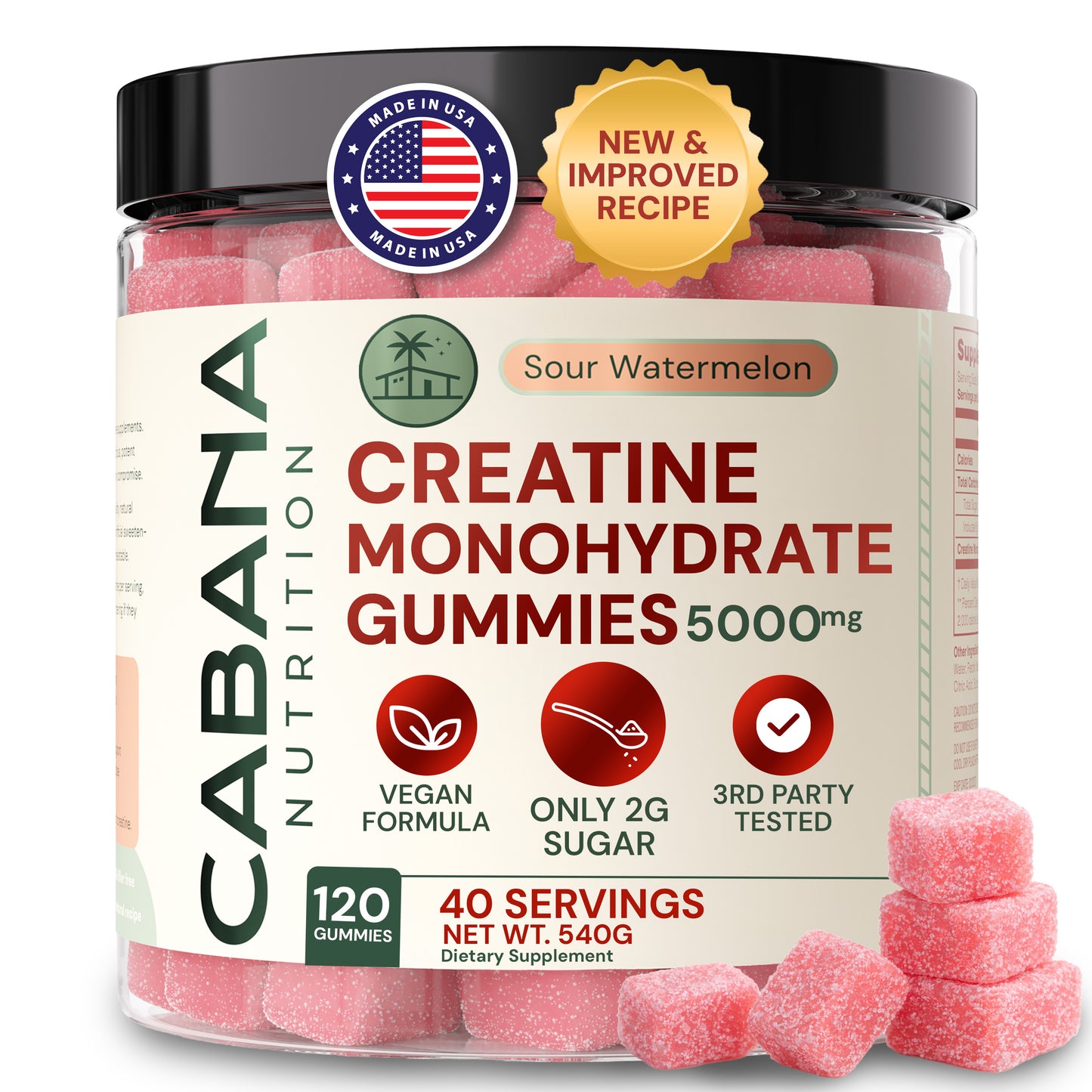 Creatine Monohydrate Gummies - Sour Watermelon (40 servings, 5g creatine/serving)